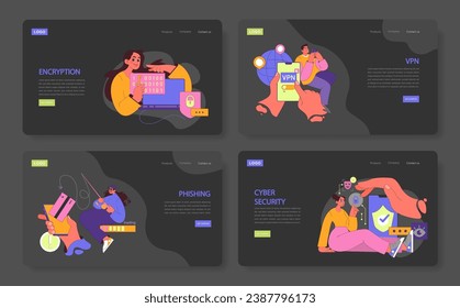 Dive into the dark mode of digital defense with captivating vectors. Highlighting encryption, VPN usage, the dangers of phishing, and the essence of cybersecurity. Protect your digital journey.