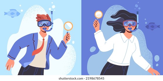 Dive into deep business analysis. Man and woman entrepreneurs with magnifying glass. Finding and solving problems, service improvement, market research and optimization. Cartoon flat vector collection