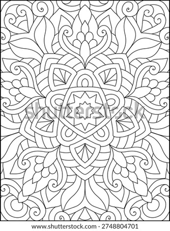 Dive into the depths of detail with this elaborate symmetrical mandala coloring page. A captivating starburst pattern takes center stage, radiating outwards with layers of intricate floral and abstract organic shapes. This complex design offers a truly immersive coloring experience for adults, promoting deep concentration, stress relief, and a profound sense of artistic engagement. It's a journey into mindfulness through meticulous coloring.
