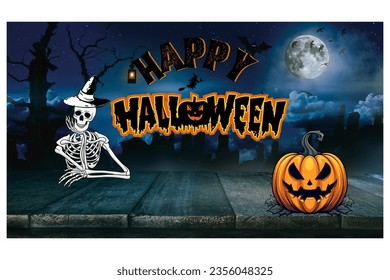 Dive into the eerie atmosphere of Halloween with this moonlit cemetery background illustration. The text "Happy Halloween" gleams with a mysterious glow. A skeleton leans on a terrace, creating a chil