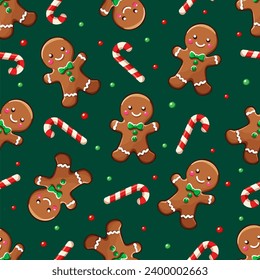 Dive into the festive spirit with this charming vector pattern, showcasing a delightful mix of candy canes and gingerbread men on a vibrant green background. 