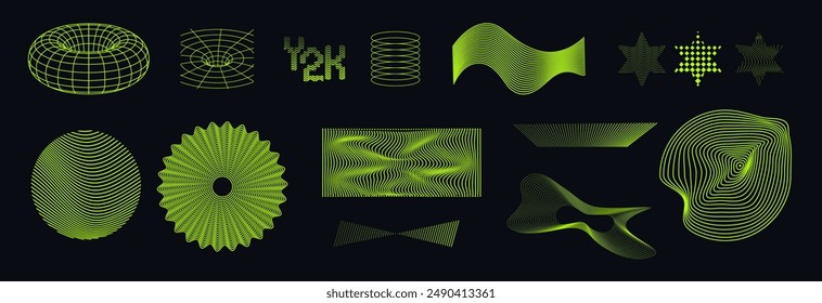 Dive into the matrix with this cyberpunk retro Y2K 2000 vector illustration pack, featuring neon green wireframe shapes and 90s digital designs.