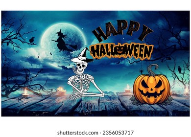 Dive into the mystical atmosphere of Halloween with this "Happy Halloween" illustration. A witch and a skeleton stand under the moonlight, creating a chilling and mysterious scene. The night's horror 