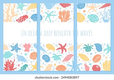 Dive into the ocean deep flyer design of marine life. Includes vibrant coral, seashells, and seaweed to evoke underwater reefs and aquatic environments. Template graphic for ocean life decoration.