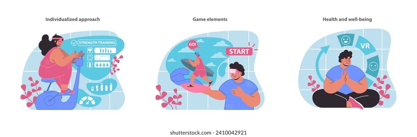 Dive into a personalized VR fitness regime with tailored strength training, playful game elements, and a serene focus on health and well-being, all in vibrant vector art.