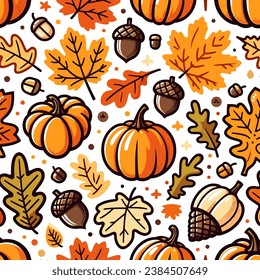 Dive into the season of warmth with our 'Cozy Autumn Vibes Seamless Pattern'. Perfect for fall, this charming design features a rich array of pumpkins, acorns, and foliage.