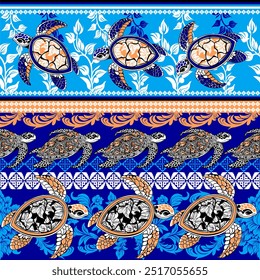 Dive into the serene beauty of the ocean with “Turtle Harmony,” a vibrant and intricate pattern featuring rows of detailed sea turtles. This design showcases turtles with beautifully patterned shells,