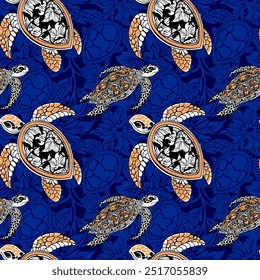 Dive into the serene beauty of the ocean with “Turtle Harmony,” a vibrant and intricate pattern featuring rows of detailed sea turtles. This design showcases turtles with beautifully patterned shells,