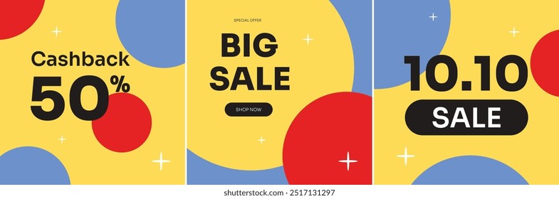 Dive into stellar deals with 50% Cashback, a massive Big Sale, and our festive 10.10 Spectacle. Enjoy vibrant backgrounds of ellipses and stars in yellow, blue, and red. Shop now and make it cosmic!

