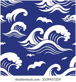 Mergulhe em estilo com este padrão de ondas oceânicas sem costura desenhadas à mão, perfeito para designs de praia, tecido, papel de parede e arte digital, trazendo a tranquilidade do mar para qualquer projeto.