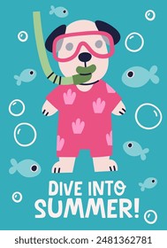 Dive Into Summer Dog Postcard Vector Illustration