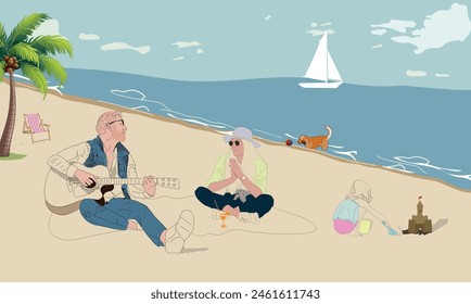 Dive into summer magic with our vibrant beach scene! Friends strumming guitars, a child building sandcastles, and a playful pup chasing waves - a symphony of seaside delight." Line Art style.  






