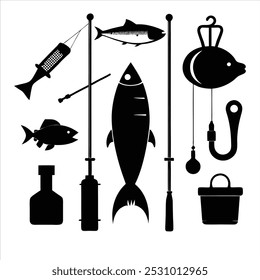  Dive into this fishing elements silhouette vector set, featuring rods, reels, fish, and more. Perfect for creating fishing-themed designs, outdoor gear, and digital projects.