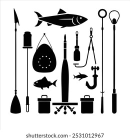  Dive into this fishing elements silhouette vector set, featuring rods, reels, fish, and more. Perfect for creating fishing-themed designs, outdoor gear, and digital projects.