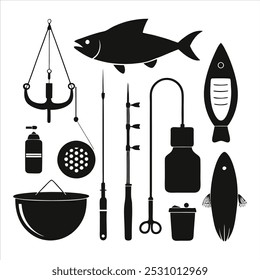  Dive into this fishing elements silhouette vector set, featuring rods, reels, fish, and more. Perfect for creating fishing-themed designs, outdoor gear, and digital projects.