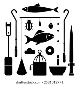  Dive into this fishing elements silhouette vector set, featuring rods, reels, fish, and more. Perfect for creating fishing-themed designs, outdoor gear, and digital projects.