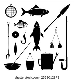  Dive into this fishing elements silhouette vector set, featuring rods, reels, fish, and more. Perfect for creating fishing-themed designs, outdoor gear, and digital projects.