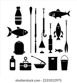  Dive into this fishing elements silhouette vector set, featuring rods, reels, fish, and more. Perfect for creating fishing-themed designs, outdoor gear, and digital projects.