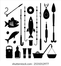  Dive into this fishing elements silhouette vector set, featuring rods, reels, fish, and more. Perfect for creating fishing-themed designs, outdoor gear, and digital projects.