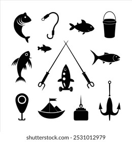  Dive into this fishing elements silhouette vector set, featuring rods, reels, fish, and more. Perfect for creating fishing-themed designs, outdoor gear, and digital projects.