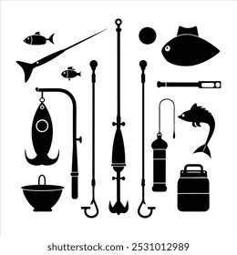  Dive into this fishing elements silhouette vector set, featuring rods, reels, fish, and more. Perfect for creating fishing-themed designs, outdoor gear, and digital projects.