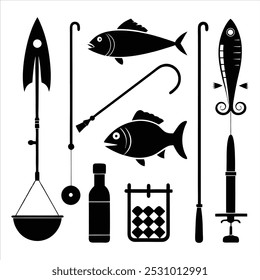  Dive into this fishing elements silhouette vector set, featuring rods, reels, fish, and more. Perfect for creating fishing-themed designs, outdoor gear, and digital projects.