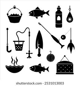  Dive into this fishing elements silhouette vector set, featuring rods, reels, fish, and more. Perfect for creating fishing-themed designs, outdoor gear, and digital projects.