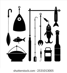  Dive into this fishing elements silhouette vector set, featuring rods, reels, fish, and more. Perfect for creating fishing-themed designs, outdoor gear, and digital projects.