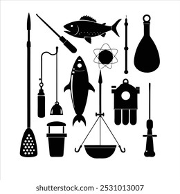  Dive into this fishing elements silhouette vector set, featuring rods, reels, fish, and more. Perfect for creating fishing-themed designs, outdoor gear, and digital projects.