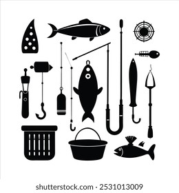  Dive into this fishing elements silhouette vector set, featuring rods, reels, fish, and more. Perfect for creating fishing-themed designs, outdoor gear, and digital projects.