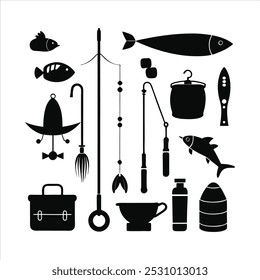  Dive into this fishing elements silhouette vector set, featuring rods, reels, fish, and more. Perfect for creating fishing-themed designs, outdoor gear, and digital projects.