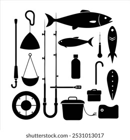  Dive into this fishing elements silhouette vector set, featuring rods, reels, fish, and more. Perfect for creating fishing-themed designs, outdoor gear, and digital projects.