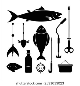  Dive into this fishing elements silhouette vector set, featuring rods, reels, fish, and more. Perfect for creating fishing-themed designs, outdoor gear, and digital projects.