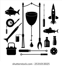  Dive into this fishing elements silhouette vector set, featuring rods, reels, fish, and more. Perfect for creating fishing-themed designs, outdoor gear, and digital projects.