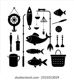  Dive into this fishing elements silhouette vector set, featuring rods, reels, fish, and more. Perfect for creating fishing-themed designs, outdoor gear, and digital projects.