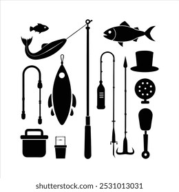  Dive into this fishing elements silhouette vector set, featuring rods, reels, fish, and more. Perfect for creating fishing-themed designs, outdoor gear, and digital projects.