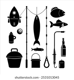  Dive into this fishing elements silhouette vector set, featuring rods, reels, fish, and more. Perfect for creating fishing-themed designs, outdoor gear, and digital projects.