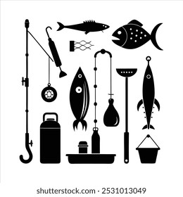  Dive into this fishing elements silhouette vector set, featuring rods, reels, fish, and more. Perfect for creating fishing-themed designs, outdoor gear, and digital projects.