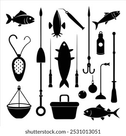  Dive into this fishing elements silhouette vector set, featuring rods, reels, fish, and more. Perfect for creating fishing-themed designs, outdoor gear, and digital projects.