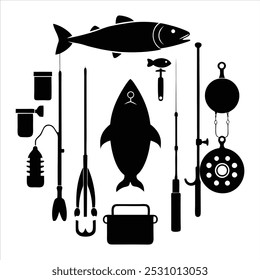  Dive into this fishing elements silhouette vector set, featuring rods, reels, fish, and more. Perfect for creating fishing-themed designs, outdoor gear, and digital projects.