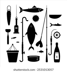  Dive into this fishing elements silhouette vector set, featuring rods, reels, fish, and more. Perfect for creating fishing-themed designs, outdoor gear, and digital projects.