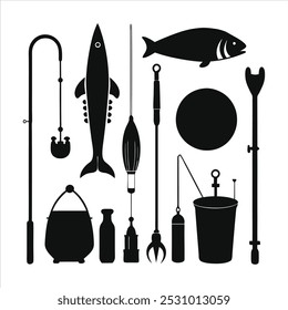  Dive into this fishing elements silhouette vector set, featuring rods, reels, fish, and more. Perfect for creating fishing-themed designs, outdoor gear, and digital projects.