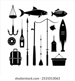  Dive into this fishing elements silhouette vector set, featuring rods, reels, fish, and more. Perfect for creating fishing-themed designs, outdoor gear, and digital projects.