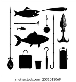  Dive into this fishing elements silhouette vector set, featuring rods, reels, fish, and more. Perfect for creating fishing-themed designs, outdoor gear, and digital projects.