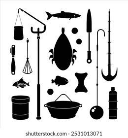  Dive into this fishing elements silhouette vector set, featuring rods, reels, fish, and more. Perfect for creating fishing-themed designs, outdoor gear, and digital projects.