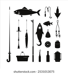  Dive into this fishing elements silhouette vector set, featuring rods, reels, fish, and more. Perfect for creating fishing-themed designs, outdoor gear, and digital projects.