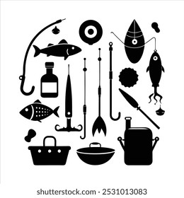  Dive into this fishing elements silhouette vector set, featuring rods, reels, fish, and more. Perfect for creating fishing-themed designs, outdoor gear, and digital projects.