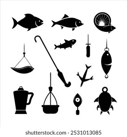  Dive into this fishing elements silhouette vector set, featuring rods, reels, fish, and more. Perfect for creating fishing-themed designs, outdoor gear, and digital projects.