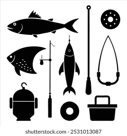  Dive into this fishing elements silhouette vector set, featuring rods, reels, fish, and more. Perfect for creating fishing-themed designs, outdoor gear, and digital projects.