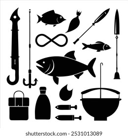  Dive into this fishing elements silhouette vector set, featuring rods, reels, fish, and more. Perfect for creating fishing-themed designs, outdoor gear, and digital projects.